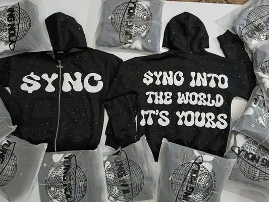 $YNC RHINESTONE PUFF PRINT ZIP UP